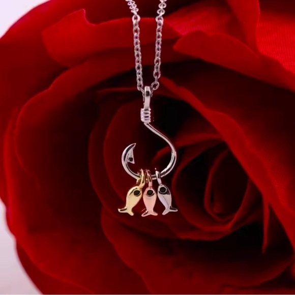 Moon Goddess Emporium Jewelry - 925 Sterling Silver Boho Minimalist Tri Metal Color Fish On A Hook Necklace